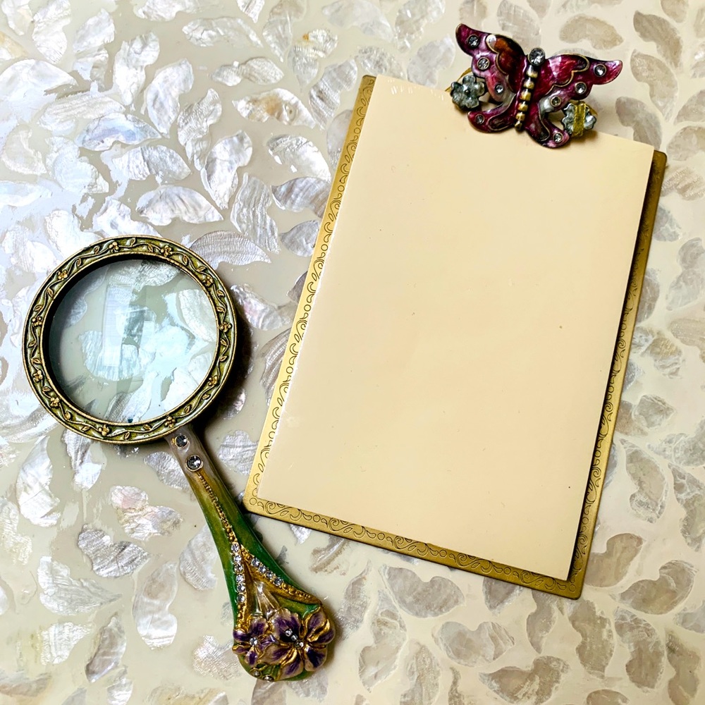 Desk set metal butterfly enamel clip note pad and magnifying glass. Exquisite!❣️